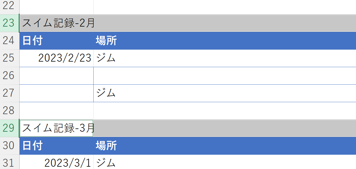 「スイム記録-2月」の行を選択し、Ctrlキーを押しながら「スイム記