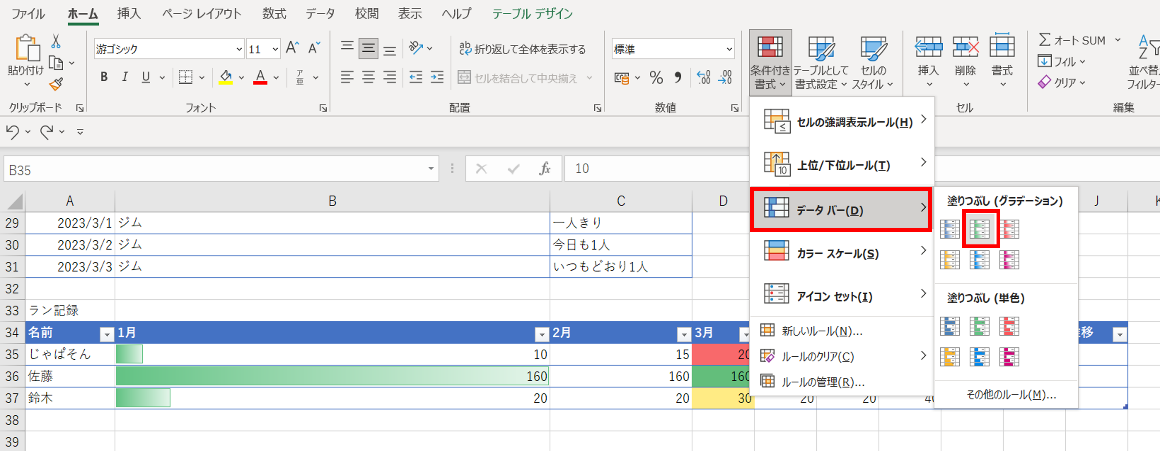 1月の列を選択し、〈ホーム〉タブ-〈条件付き書式〉-〈データバー〉-