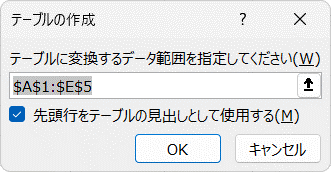 〈先頭行をテーブルの見出しとして使用する〉にチェックが入っていること
