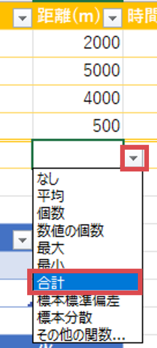 列「距離(m)」の集計行の〈▼〉をクリックし、候補から〈合計〉を選択