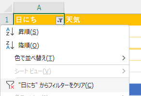日にちの列の〈▼〉をクリックし、候補から〈”日にち”からフィルターを