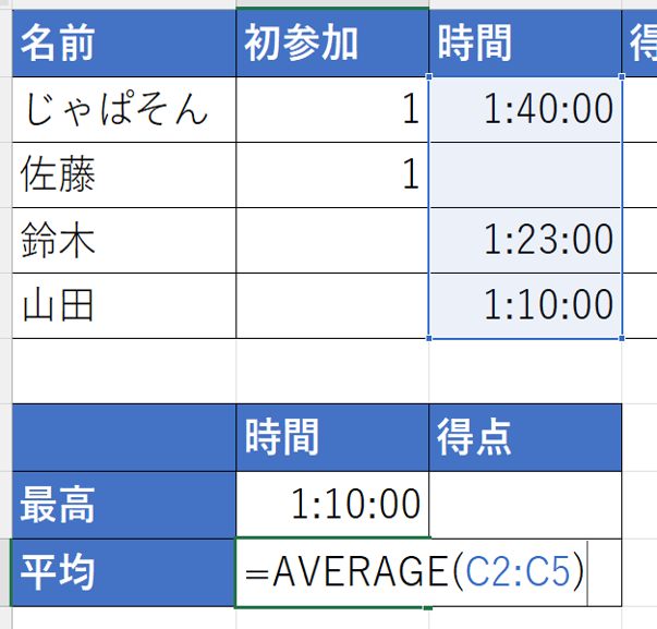 時間の列を範囲指定し、Enterキー