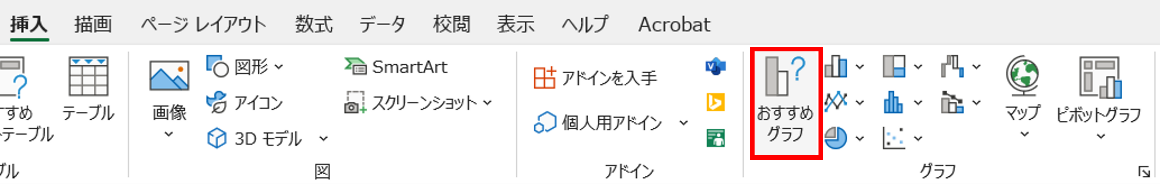 〈挿入〉タブ-グラフ内の〈おすすめグラフ〉をクリック