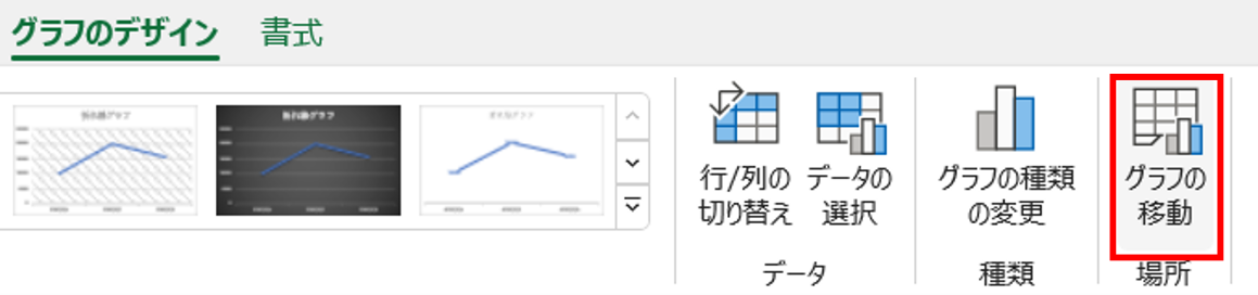 折れ線グラフを選択し､〈グラフのデザイン〉タブ-〈グラフの移動〉