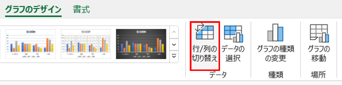 集合縦棒グラフを選択し､〈グラフのデザイン〉タブ-〈行/列の入れ替え